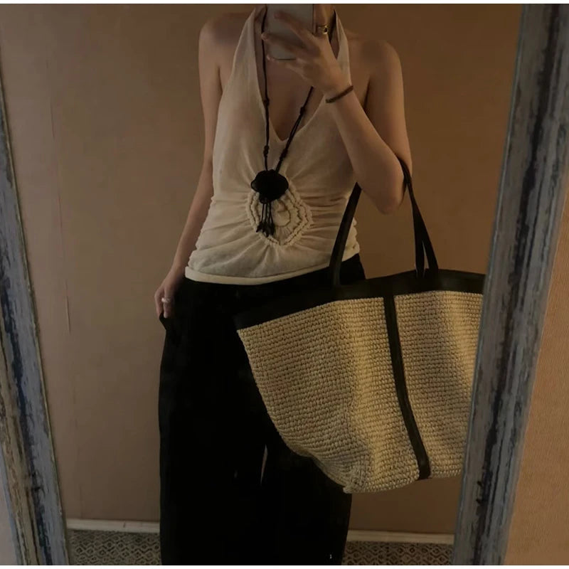 New Brand Woven Women's Tote Bag Large Capacity Splice Versatile Woven Beach Bag Fashion Single Shoulder Straw Bag Underarm Bag