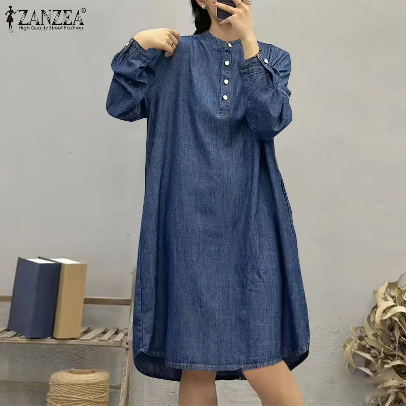 ZANZEA Women Shirt Dress Fashion Stand Collar Buttons Robes Casual Loose Long Sleeve Mini Dress Autumn Vintage Pocket Vestidos