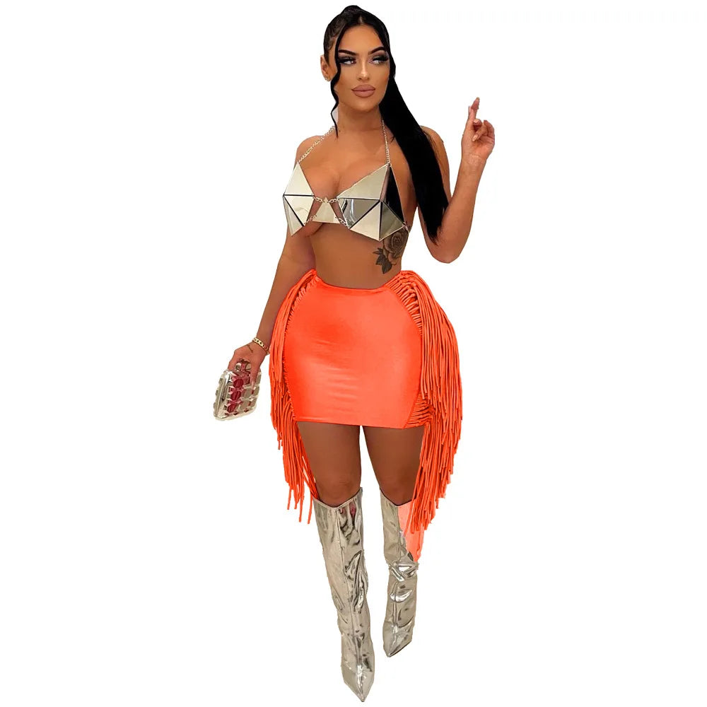 FAGADOER Sexy Tassel Bodycon Mini Skirts Party Club Outfits Women Fashion Chic Streetwear Short Birthday Holidays Skirt Solid