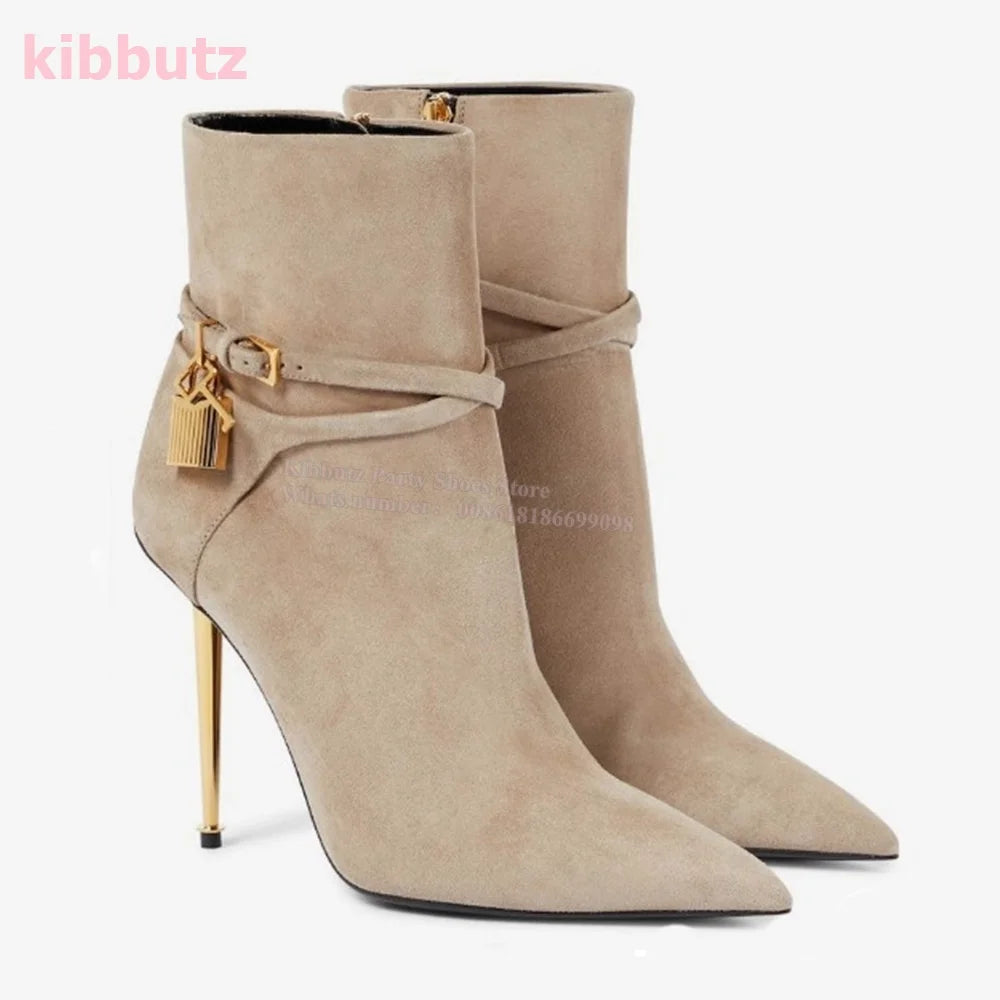 Metal Padlock Key Ankle Boots Genuine Leather Solid Color Pointed Toe Thin Heel Suede Side Zipper Fashion Runway Show Elegant