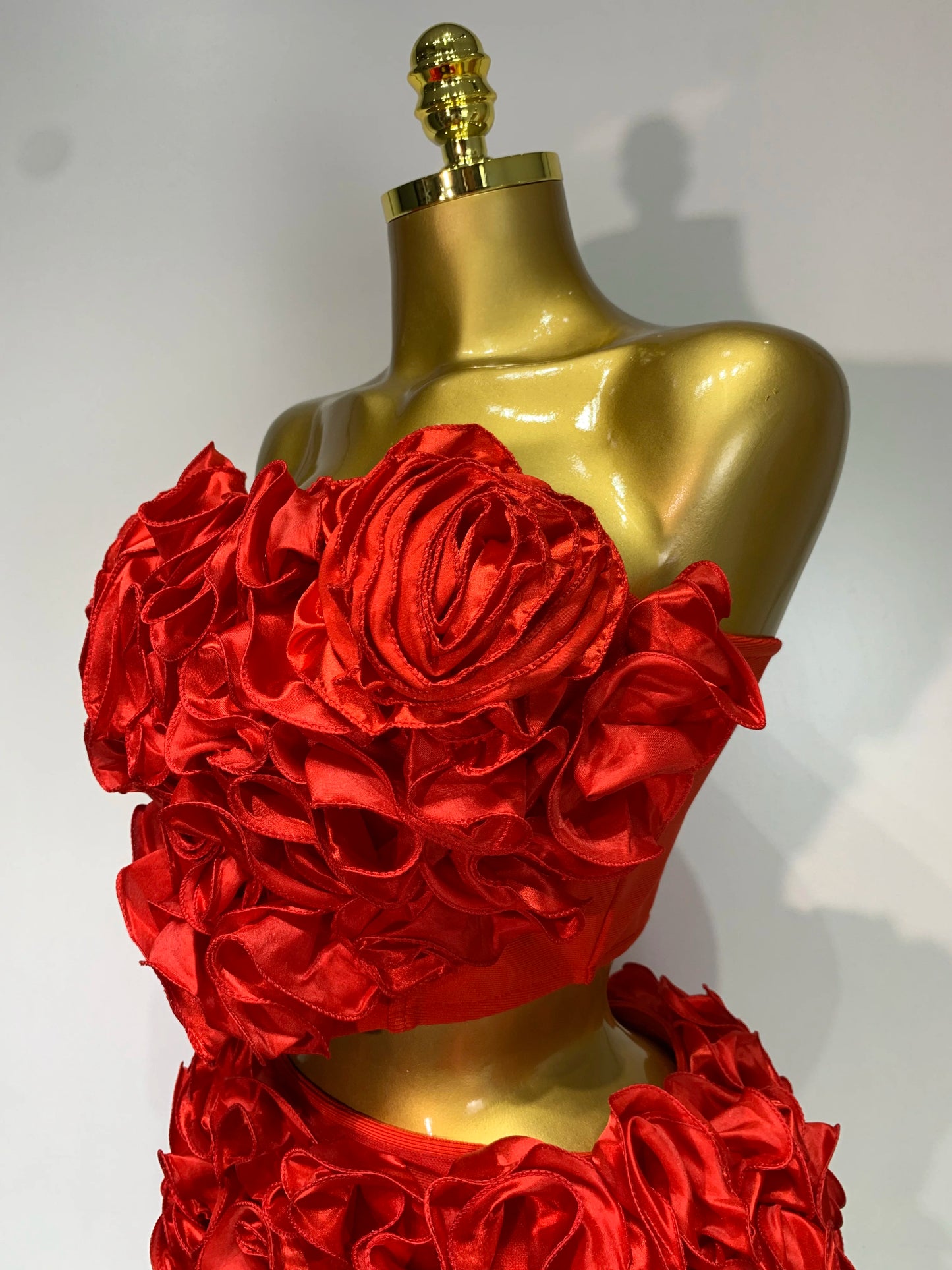 Women Sexy Strapless Red flower Top With Mini Skirt Bodycon Bandage Suit Celebrity Party Cocktail Birthday Two Pieces Set