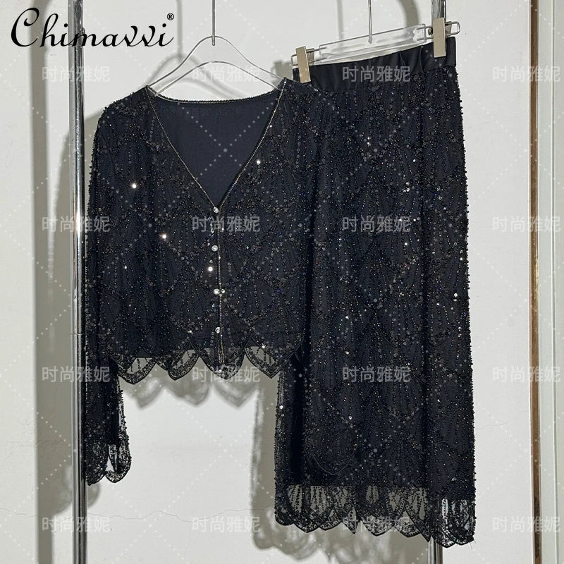 Fashion New Fashion Long-sleeved Sequined Pearl Bead Cardigan Women's Top High-waisted Skirt 2-piece 2025 Spring New Skirt Sets