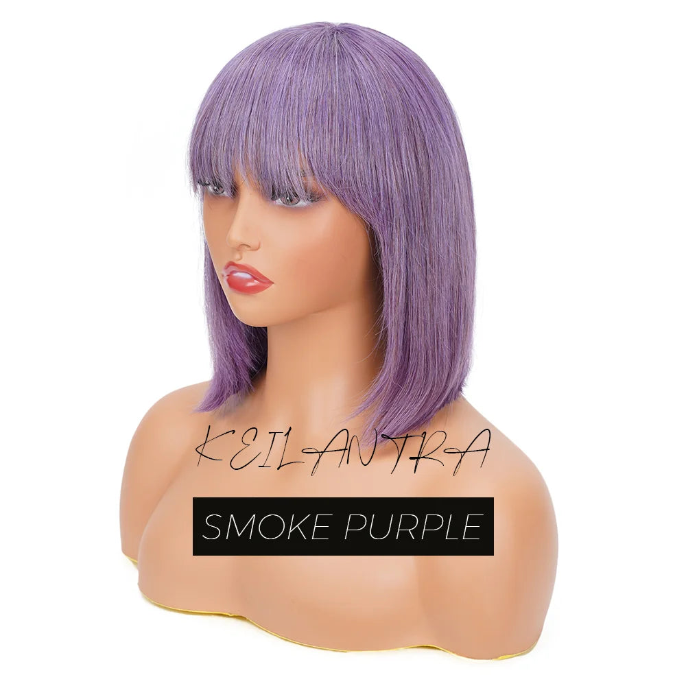 Straight Human Hair Bob Wigs with Bangs Remy Full Machine Made for Women Hightlight Burgundy Brown Colored BOB Wig