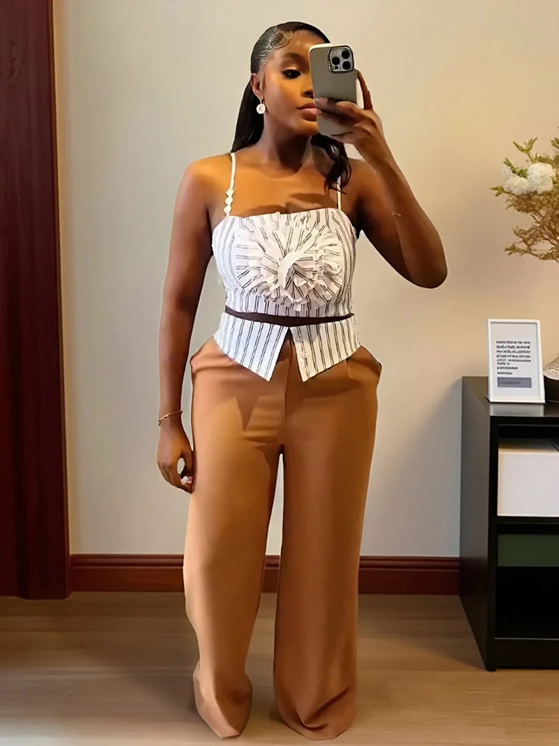 CM.YAYA Fashion Women's Set Striped Strap Floral Applique Crop Top and Wide Leg Pants Suit 2025 Two 2Piece Sets Outfit Tracksuit
