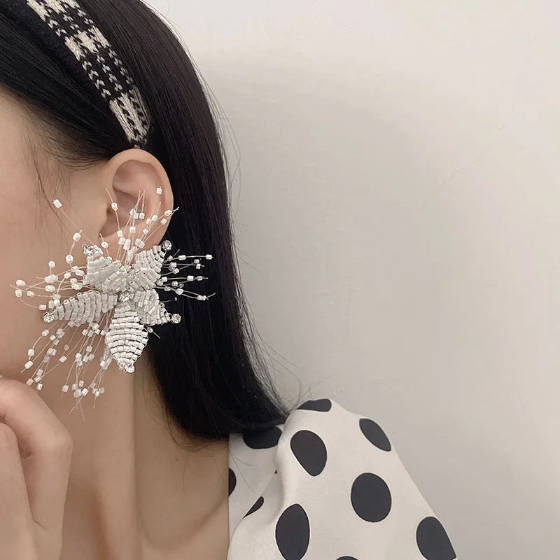 Hand-made Beaded Flower Exaggerated Earrings Party Wedding Bride Fashion Earrings for Women