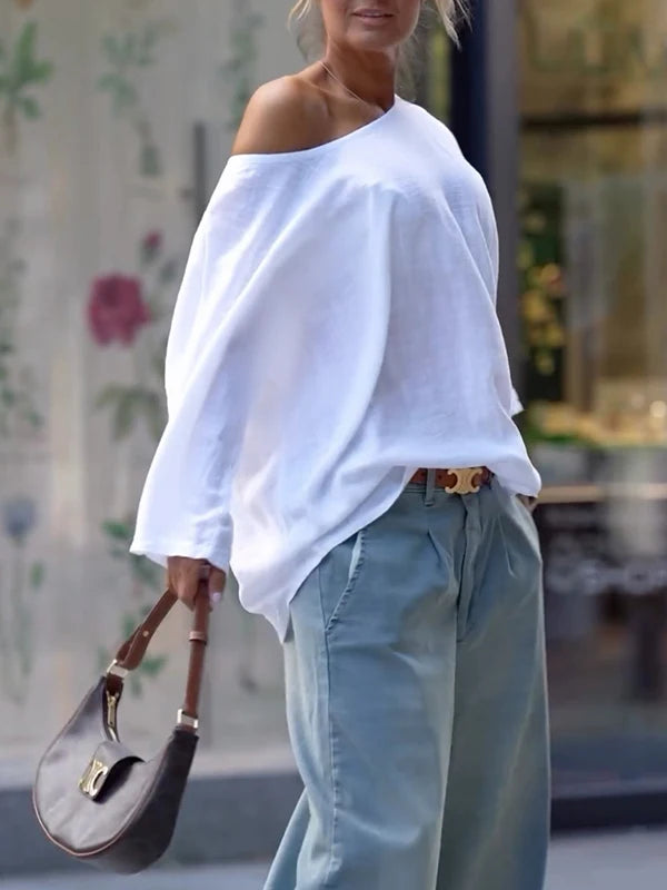 2025 Summer Spring Casual White T-shirts One-shoulder Long Sleeves Loose Simple Basic Tops Tee Shirts S-2XL