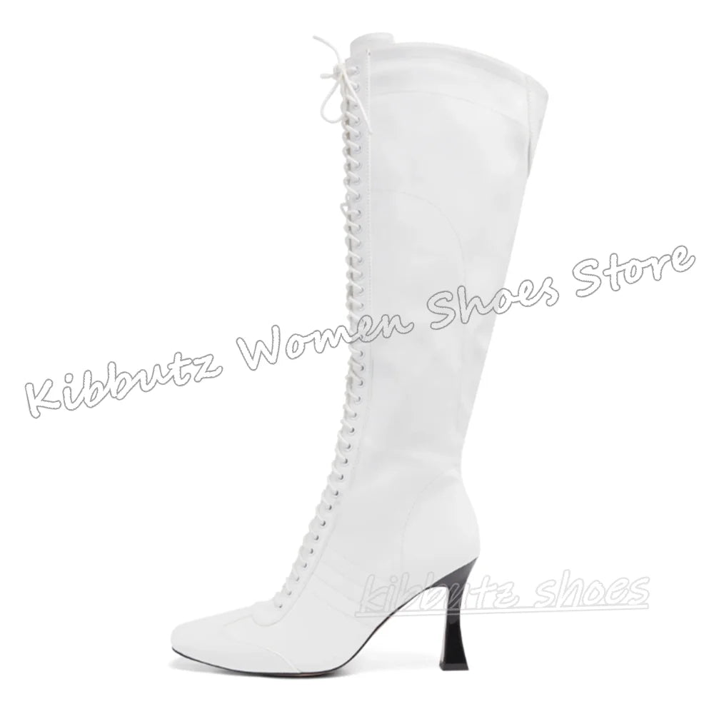 Sewing Knee High Boots Leather Lace-Up Patchwork Square Toe Kitten Heels Fashion Luxury Elegant Concise Sexy Women Shoes Newest