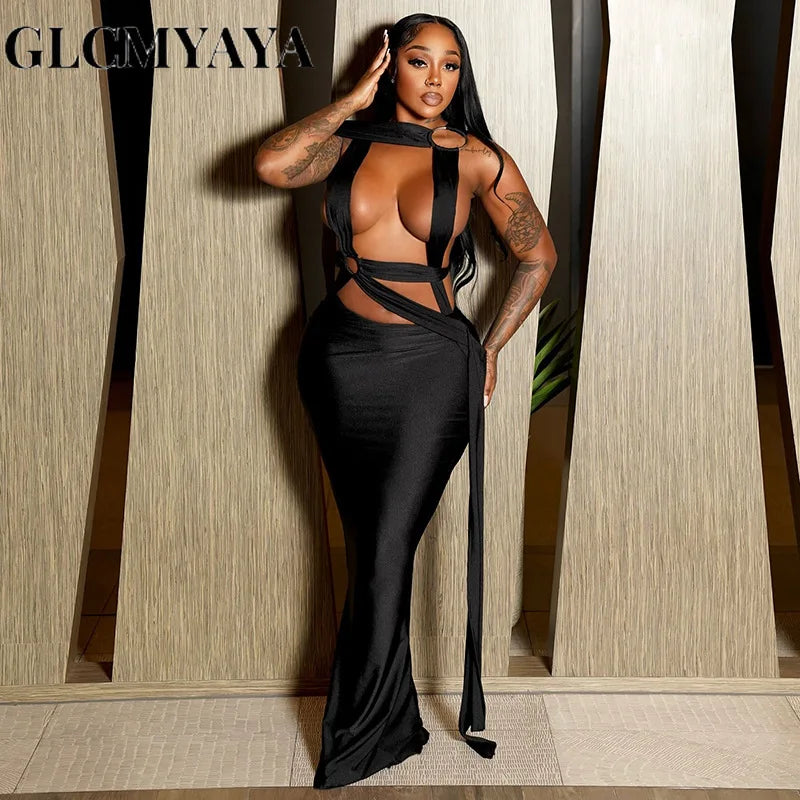 GLCMYAYA Women Sleeveless Roll Splicing Cutout Bodycon Midi Maxi Long Dress 2025 Summer Vacation Holiday Sexy Club Party Dresses