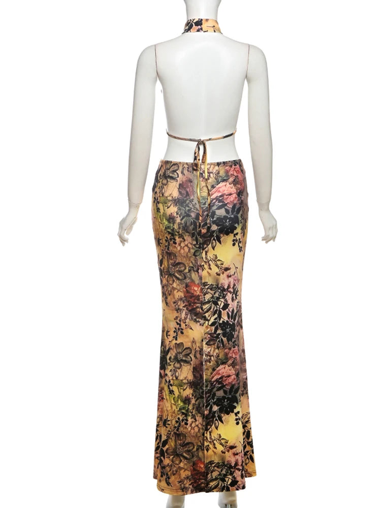 kliou Y2K Print Sexy Women 2 Piece Set Trend Sexy Hot High Street Halter Crop Tanks+Matchig Skirts Mujer Attractive Party Suits