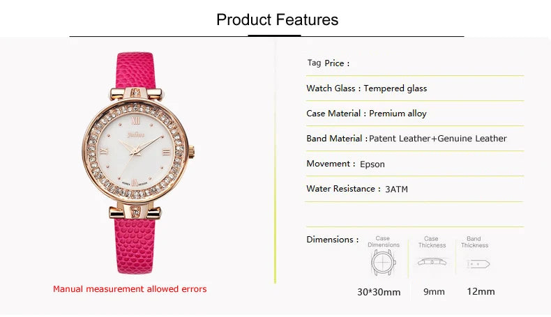 Mother-of-pearl Rhinestones Julius Lady Women's Watch Fashion Hours Bracelet Real Leather Girl's Birthday Gift Box