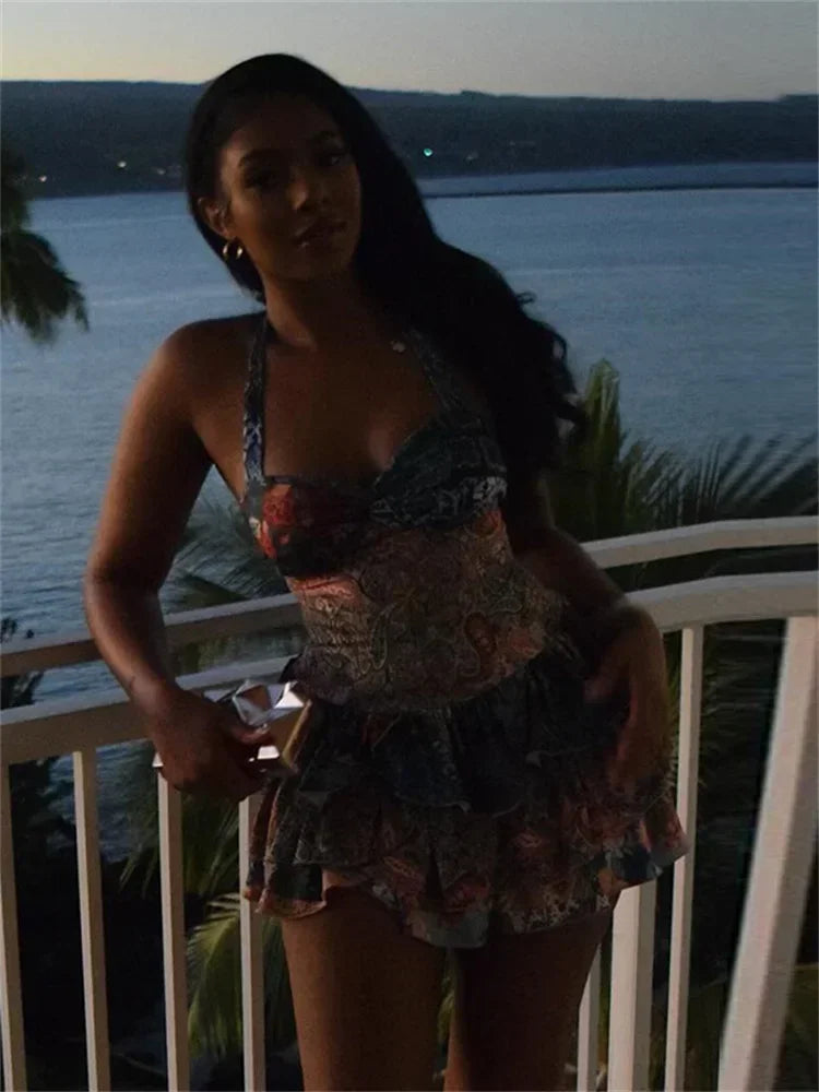 Colorful Print Dress Women Halter Backless Sleeveless Ruched Ruffles Tierred Vacation Beach Party Trend Mini Bodycon