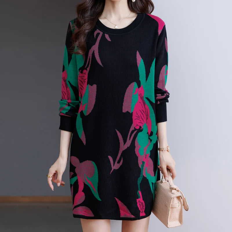 Print Sweater Dress Woman 2025 Autumn Winter Pullover Femme Women Clothing Long Sleeve Top Casual Long Knitwear Sweaters
