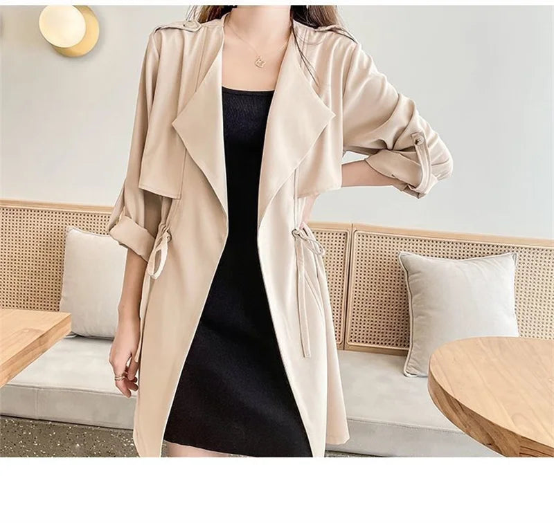 Autumn Windbreaker New Women's Thin Coat Korean Version 2023 Single-Layer Fashion Drawstring Slim Trench Coat Top with 3/4 Sleev