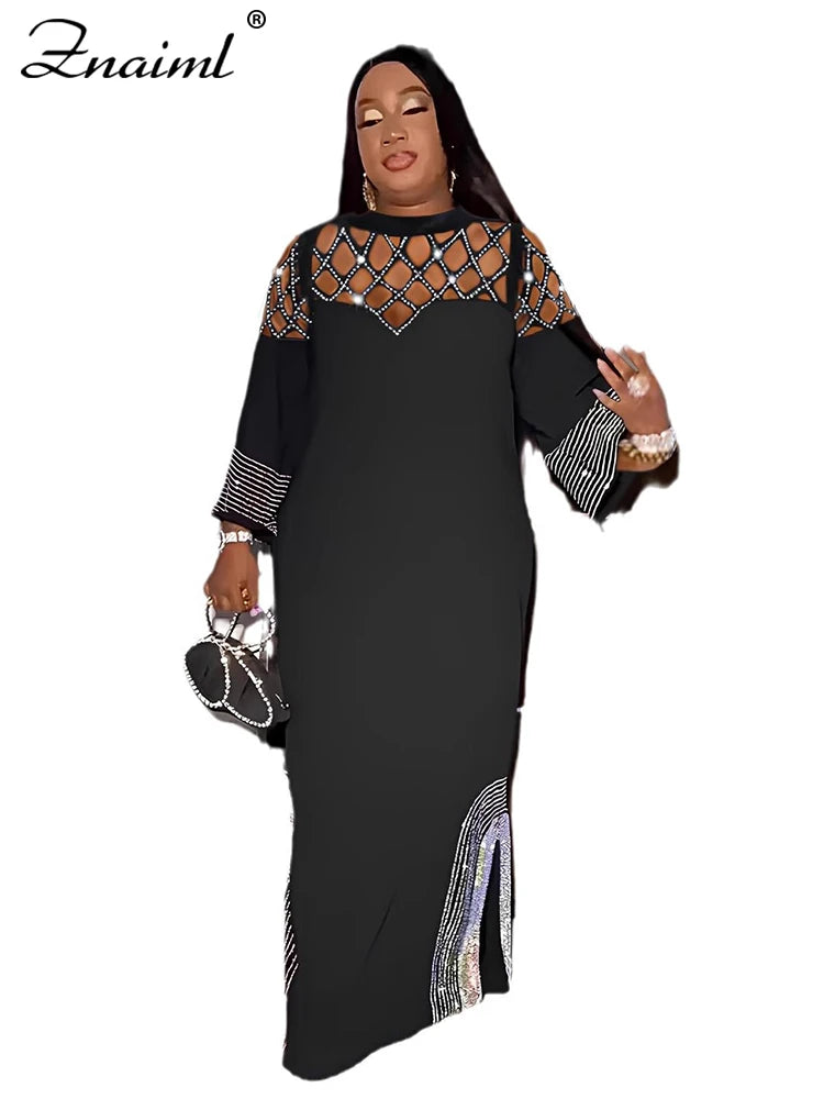 Znaiml Elegant Festival Indie Folk Diamonds Patchwork Hollow Out Long Sleeve Dress Women O-neck Evening African Vacation Vestido