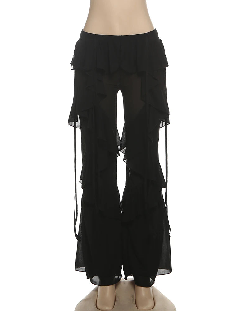 Weird Puss Irregular Tierred Flare Pants Women Y2K Patchwork See Through Summer Hipster Wild Basic Street Trend Classic Trousers