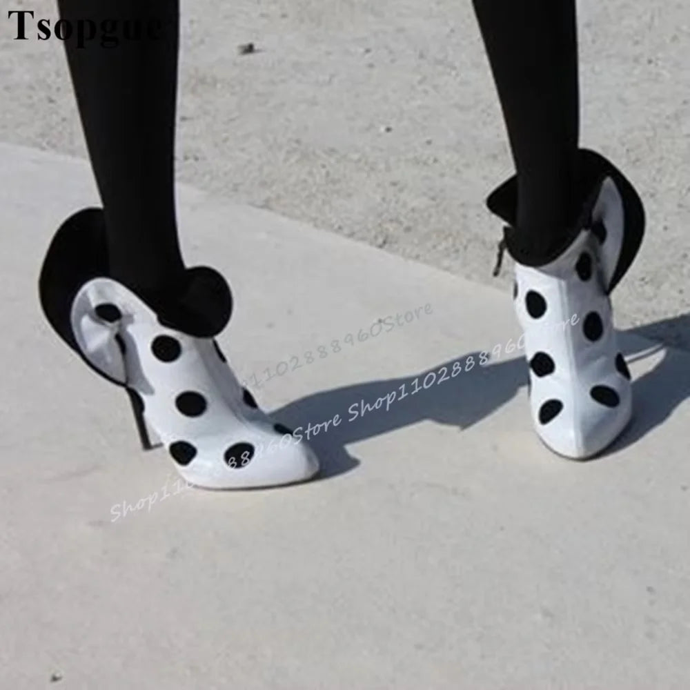 White And Black Dot Ruffles Ankle Boots Thin High Heel Shoes For Women Side Zipper Pointed Toe Casual Occidental Style Boots