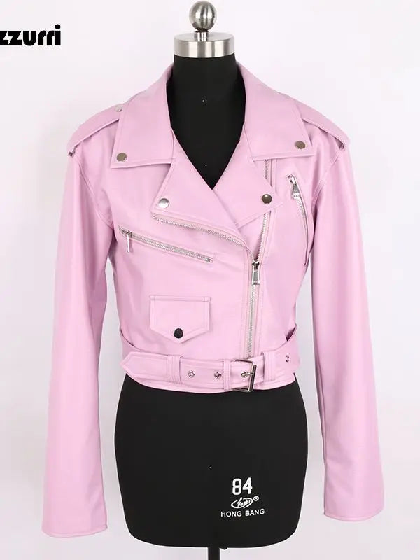 Faux Leather Short Biker Jacket with Zipper and Epaulets for Women