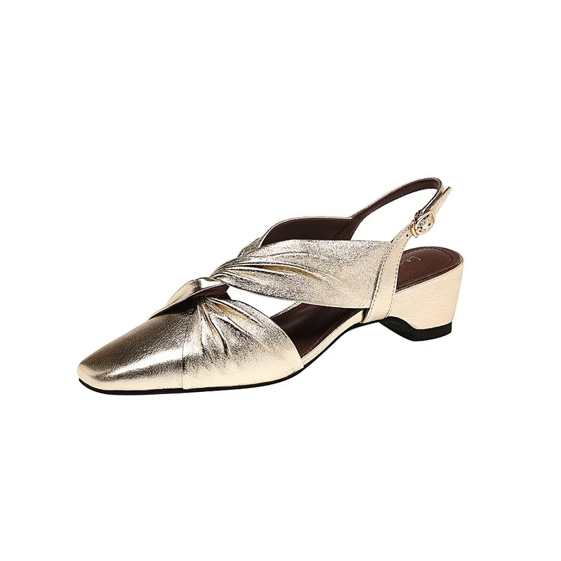 Handmade Real Leather Bowtie Square Heel Slingback Sandals for Women