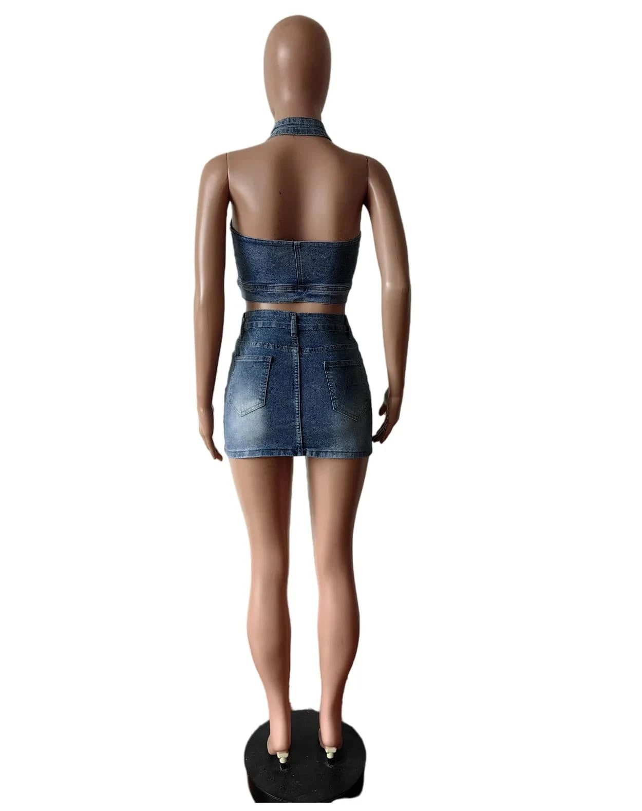 Ruffles Jeans Skirt Outfit Set Sexy Women Halter Elegant Two Pieces Denim Club Matching Set Top+Mini Skirt