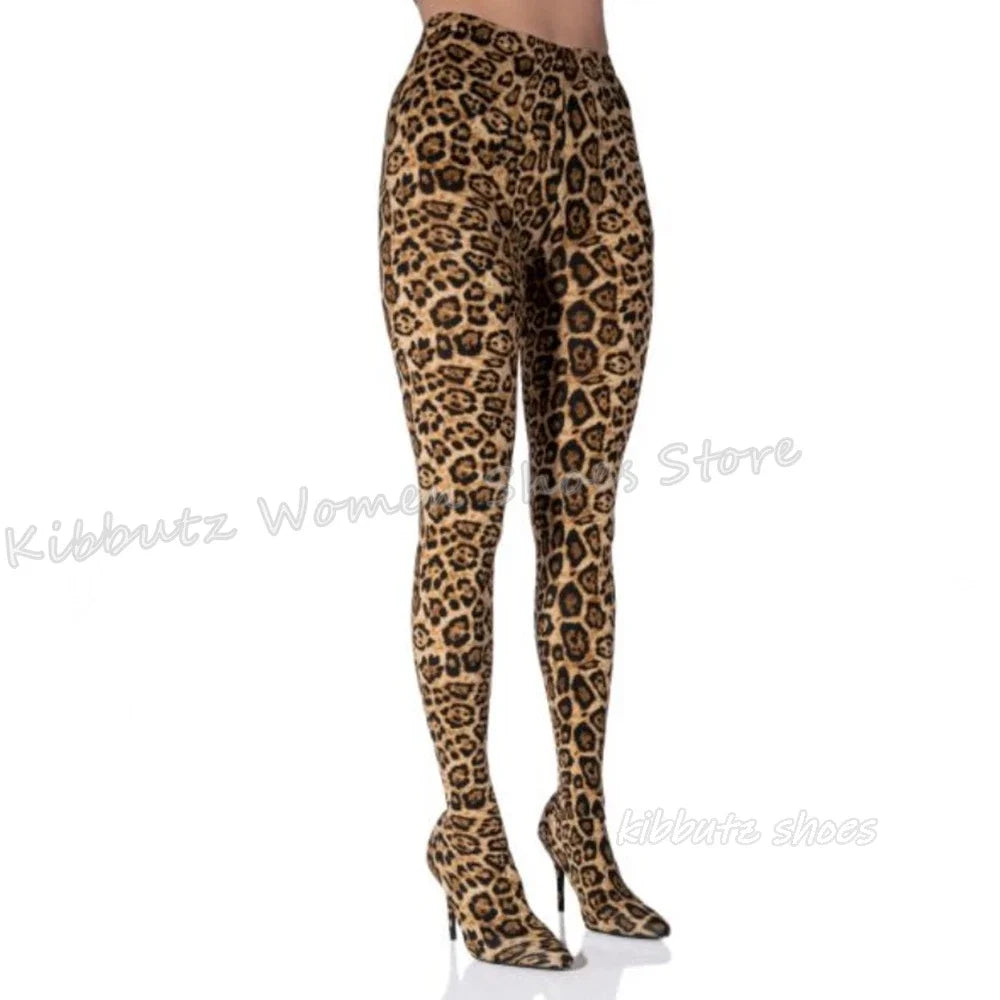 Leopard Pant Boots Over The Knee Luxury Leather Mixed Color Sexy Novelty Fashion Women Shoes Clothes Pointed Toe Thin Heel New