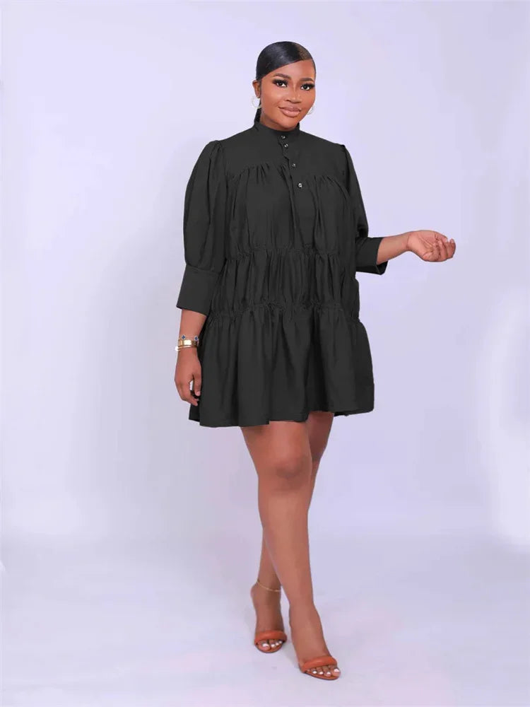 Wmstar Elegant Women Summer Solid Color Short Dress Fashion Long Sleeve High Neck High Waist Clothes Party Casual Mini Dresses