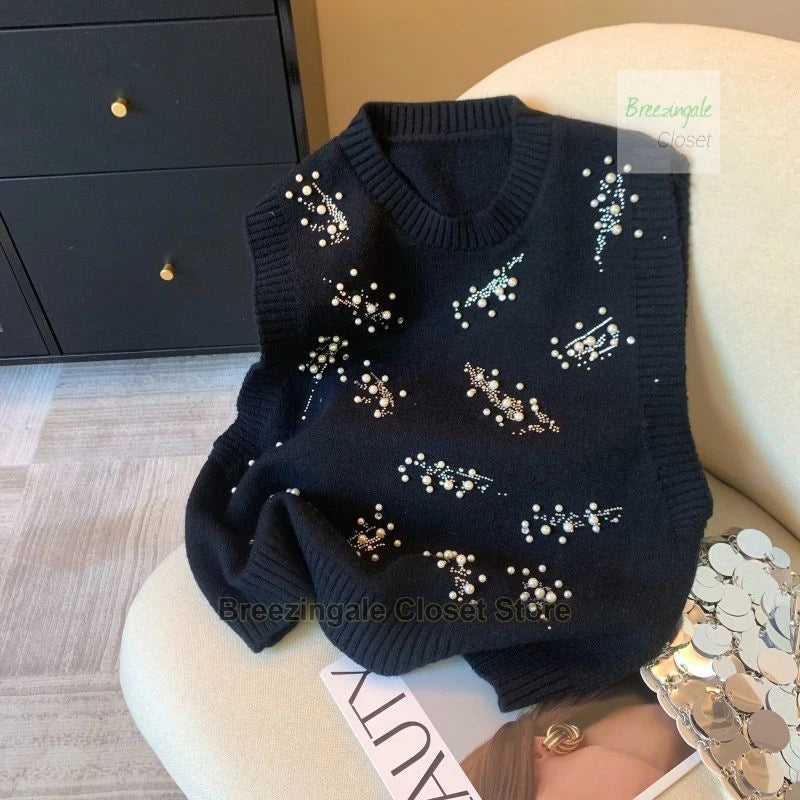 French style design nail bead inlaid diamond knitted vest for women's spring new style, sleeveless camisole top for outerwear