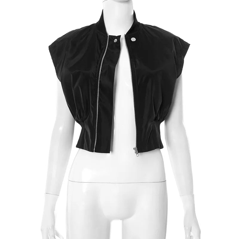 Joskaa Casual Black Cardigan Tops Women Hipster O-Neck Sleeveless Zipper Vests Jackets 2025 Summer Outerwear Y2K Streetwear