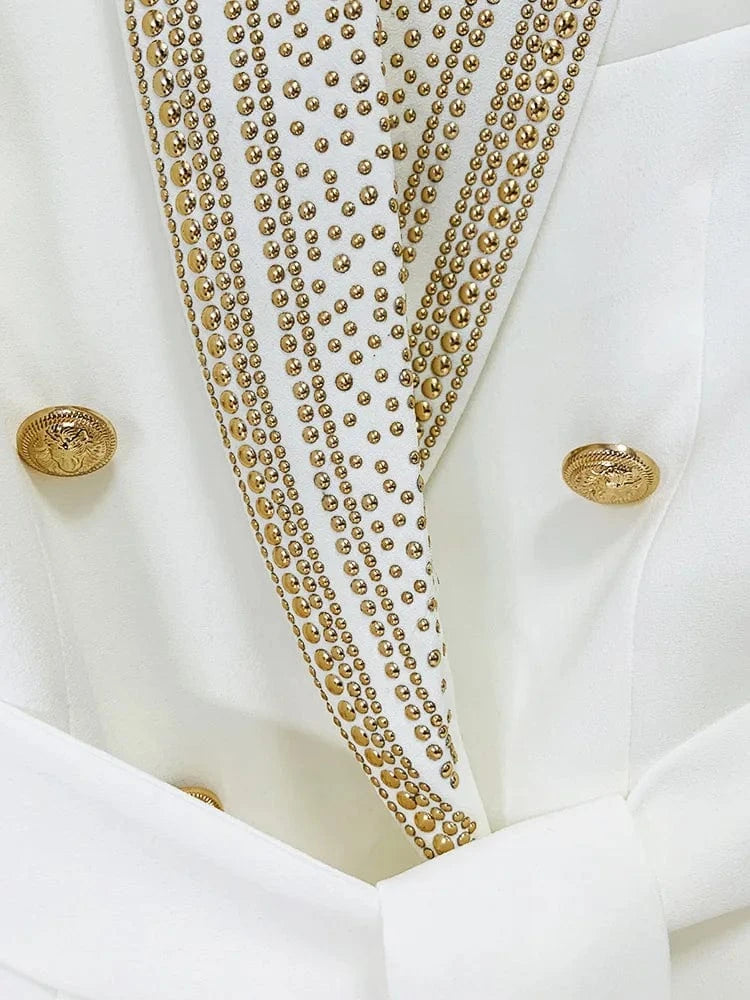 HIGH STREET Newest 2024 Stylish Designer Jacket Women's Metal Sheets Beading Belted Shawl Collar Blazer