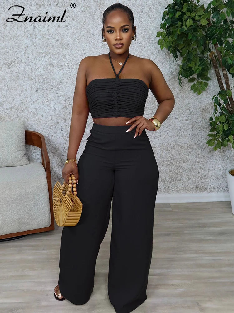 Znaiml Halter Sleeveless Ruched Crop Top and Wide Leg Pants 2 Piece Sets Woman Summer Sexy Beach Paarty Night Club Outfit 2025