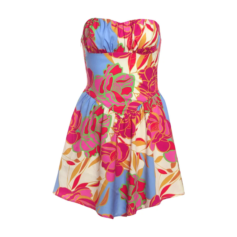 Weird Puss Colorful Print Strapless Dress Women Sexy Off Shoulder Backless Ruched Ruffles Vacation Y2K Sweet Style Mini Bodycon