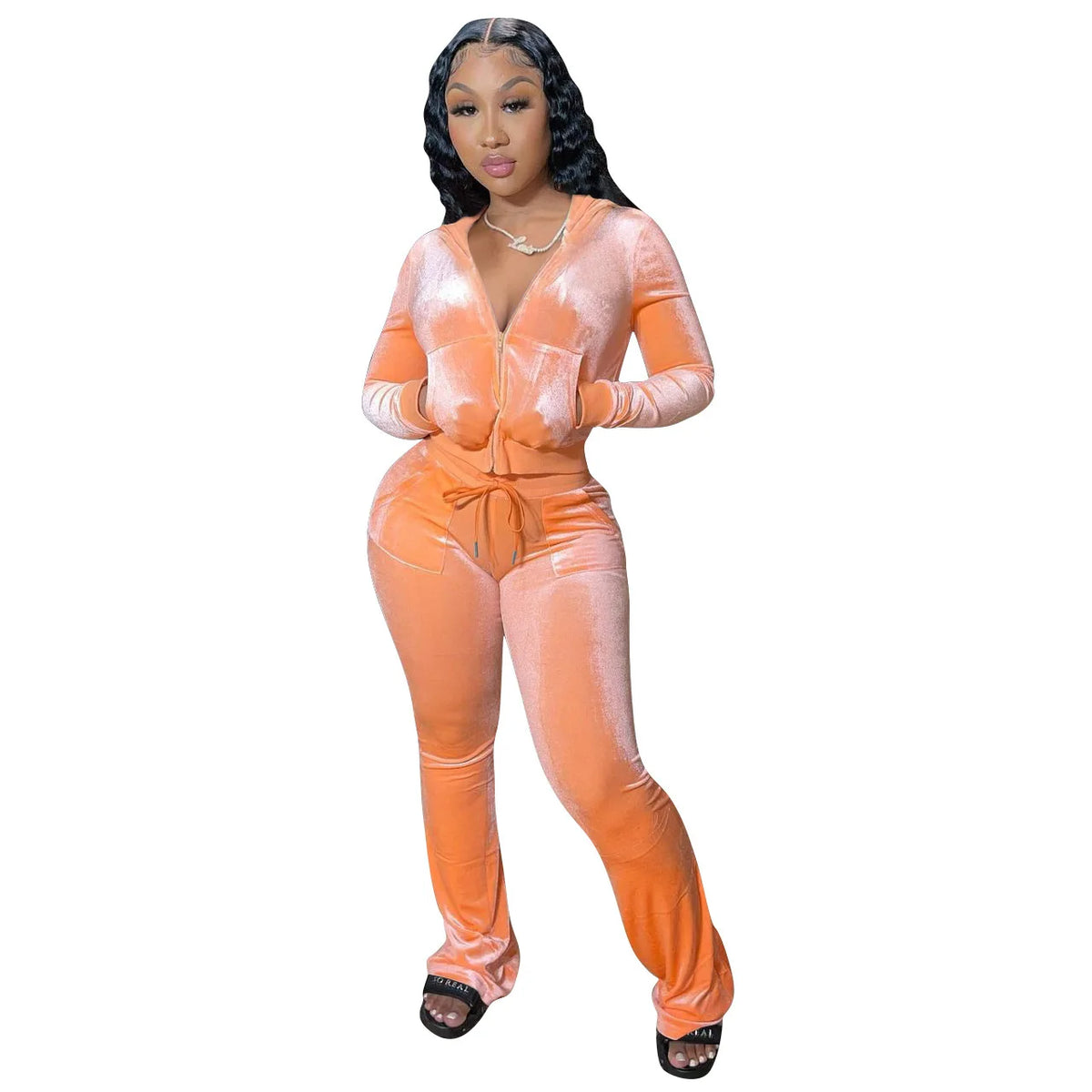 Hooded Zip Top And High Waist Pants Outfit Set for Women