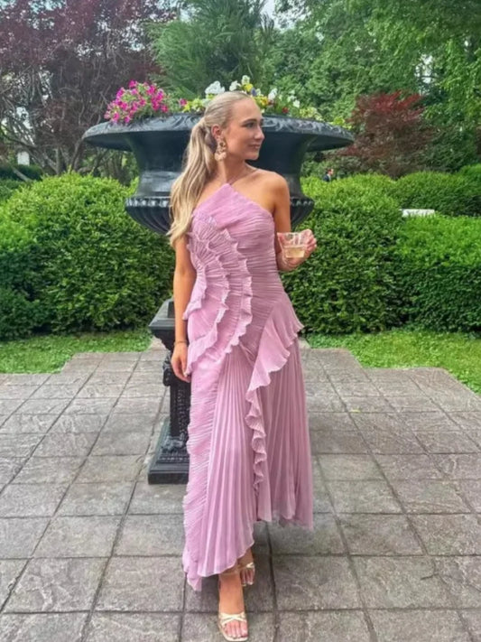 Chic Pleated Halter Neck Long Vacation Dress High Quality Purple Strapless Lotus Edge Maxi Dress 2025 New Lady Vacation Gown