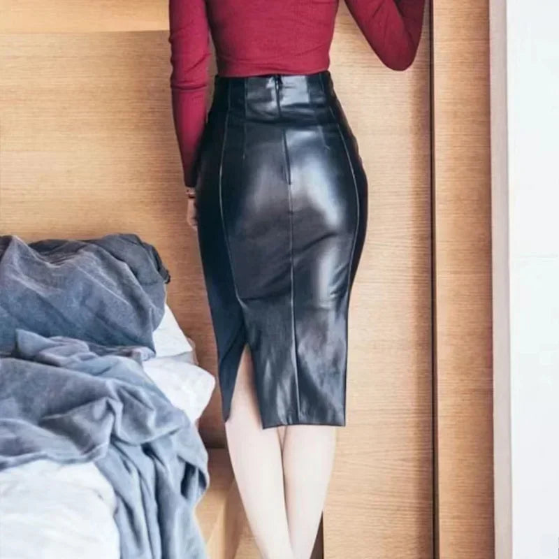 Women Sexy Matte Leather Bodycon Skirt High Waist PU Stretch Slim Midi Skirt Back Hem Split Ladies Wrap Hip Pencil Skirt Custom
