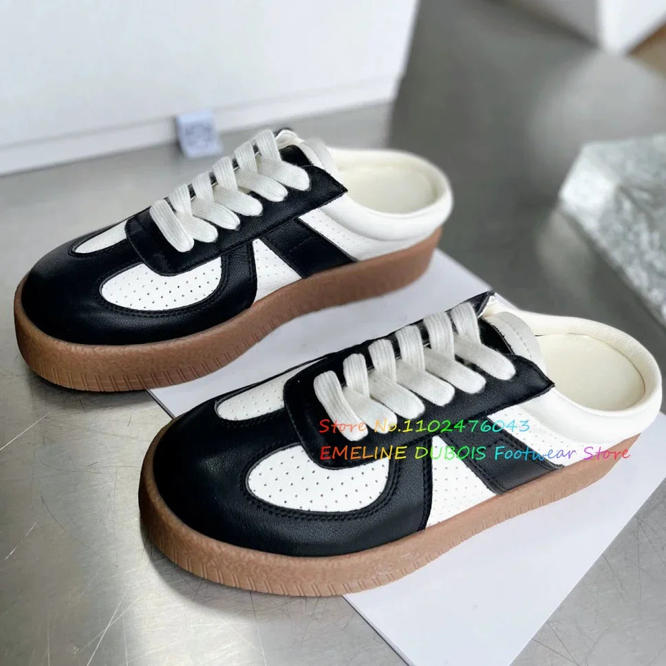 2025 New Sponge Cake Thick Bottom Genuine Leather One Step Stepping Slippers Height Increase Outdoor Big Head Lazy Shoes
