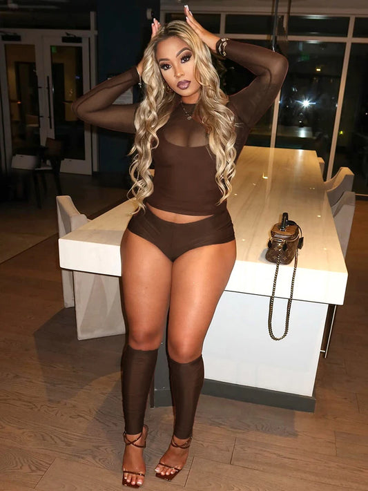 Weird Puss Sexy Casual 3 Piece Set Mesh Full Sleeve o-Neck Crop Tops+Shorts+Foot Cover Matching Autumn Trend Streetwear Outfits