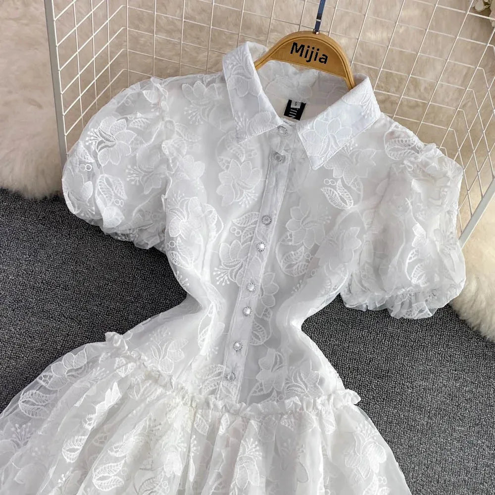 Vintage Elegant Lapel Single-Breasted White Embroidery Puff Sleeve A- Line Cake Dress Cross-Border Summer 2022
