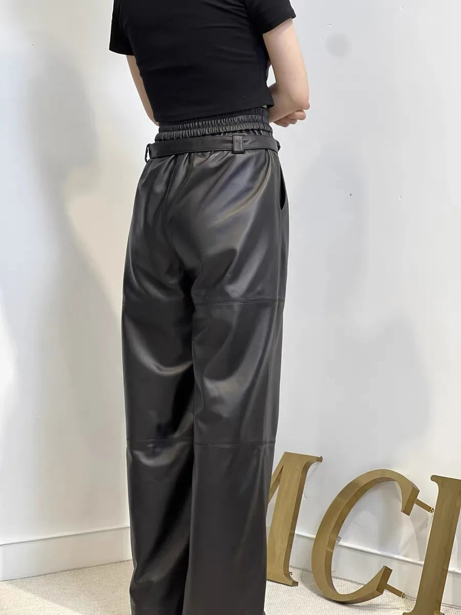 Y2K Cargo Pants Women High Waist Baggy Pants 2025 New Korean Fashion Wide Leg Genuine Leather Trousers Streetwear Loose Style