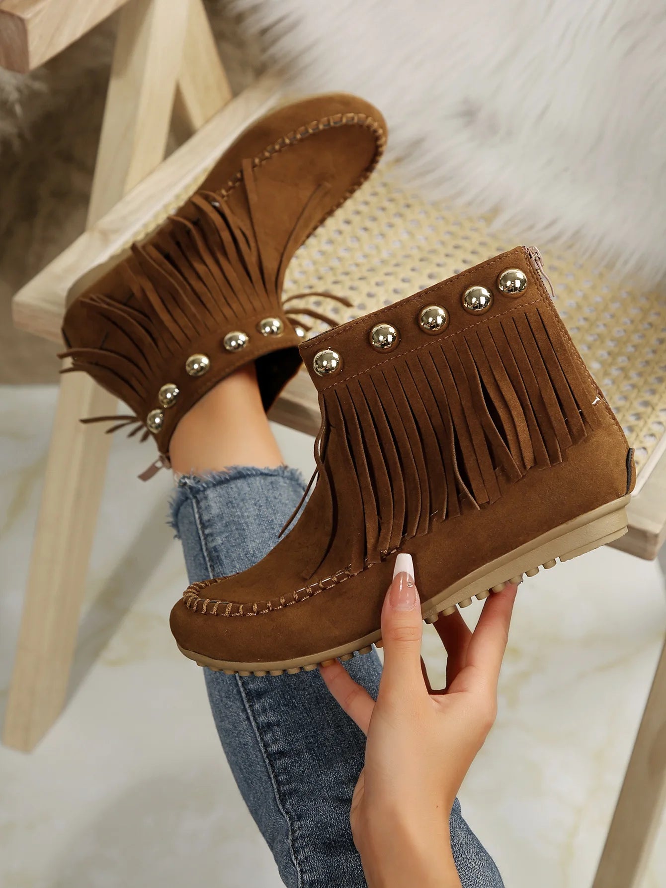 Women Boots Winter New Vintage Fringe Ankle Boots Women Side Zipper Casual Shoes Round Toe Ladies Snow Boots Zapatos De Mujer