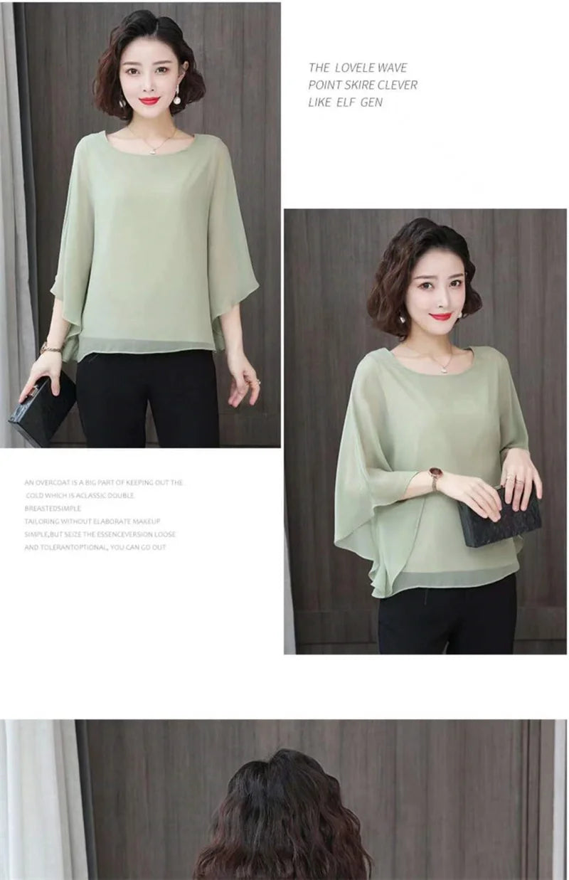 4XL Bat Shirt Summer Women's Loose T-shirt Small Shirt 2025 Spring/Summer Large Wrinkle Resistant And Elegant chiffon Top Green
