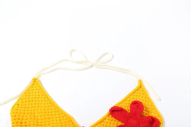 Joskaa 3D Flower Knit Beach Style 2 Piece Sets Women Sexy Halter Bra and Patchwork Shorts Matching 2025 Summer Holiday Outfits