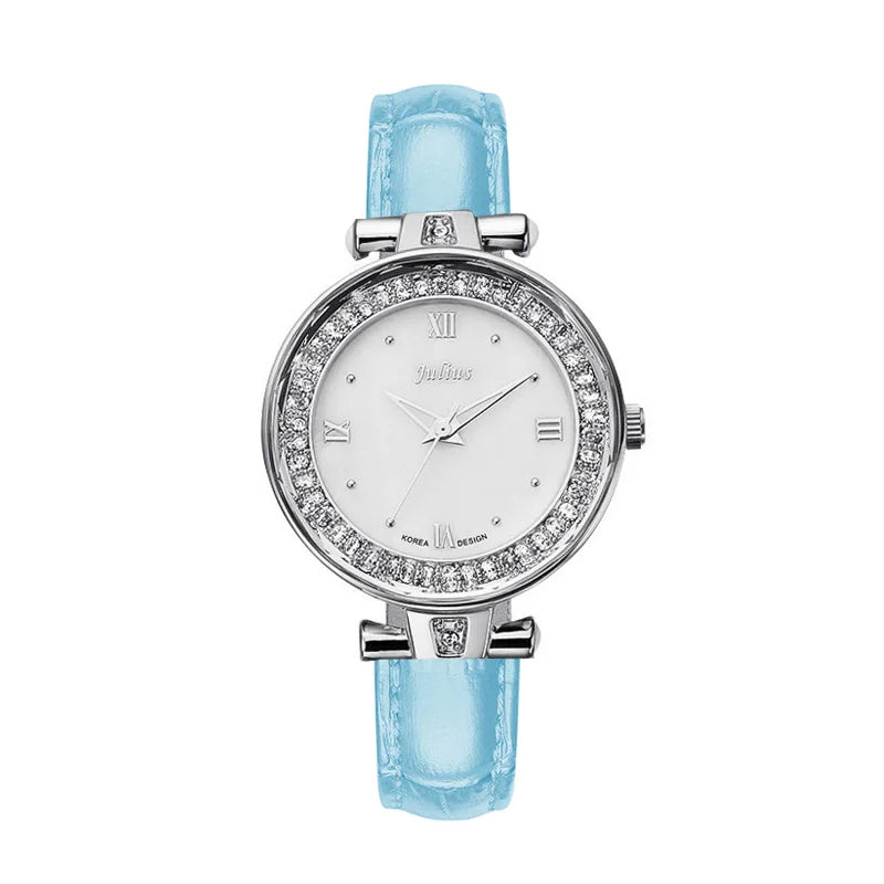 Mother-of-pearl Rhinestones Julius Lady Women's Watch Fashion Hours Bracelet Real Leather Girl's Birthday Gift Box