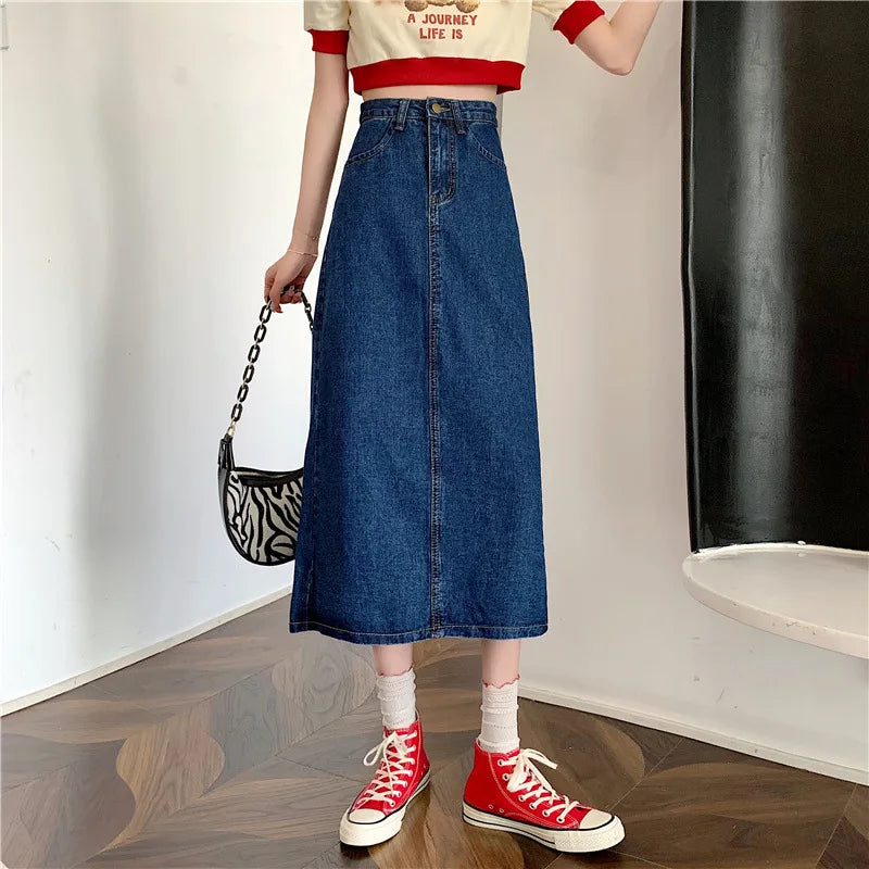 New 2022 Spring-Autumn Medium-Length Denim Skirt For Women High-Waisted Slimming Plus Size Curvy Girls A- Line Hip Covering Skir