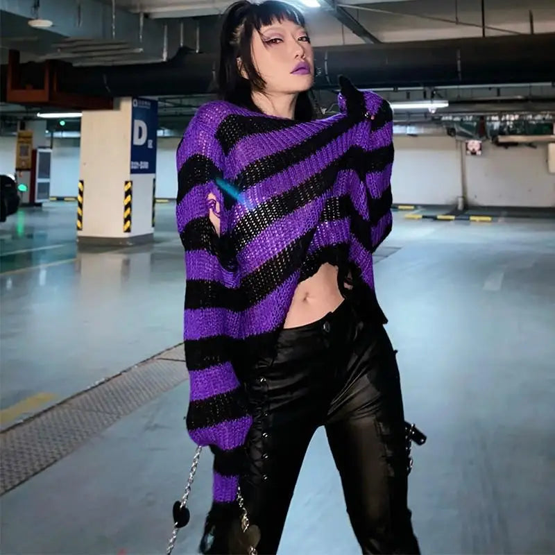 Karrram Punk Gothic Sweater Emo Tops E-girls Mall Goth Pullovers Y2k Harajuku Grunge Clothes Alt Dark Aesthetic Striped Jumpers