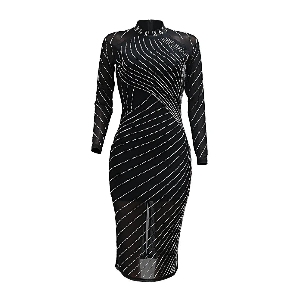 CM.YAYA Women Diamonds Hot Rhinestones Long Sleeve Bodycon Midi Dress 2024 Fall O-neck Evening Club Sexy Party Dresses Vestidos