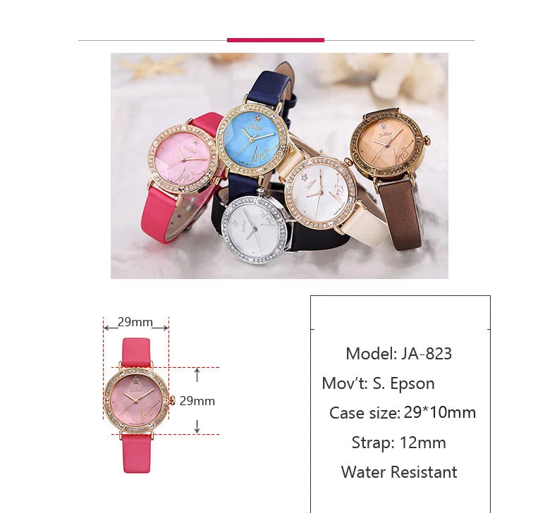 Rhinestones Julius Lady Women's Watch Fashion Hours Bracelet Real Leather Girl's Birthday Gift No Box