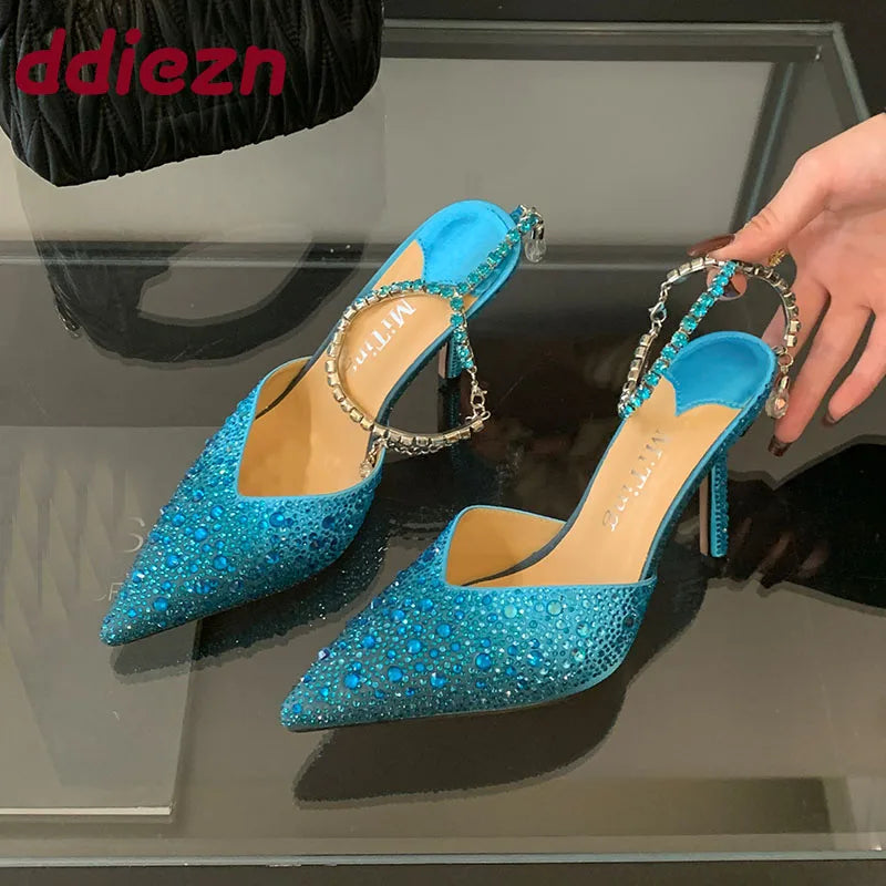 Fashion Luxury Rhinestones Ladies High Heels Shoes Bling Female Pointed Toe Footwear Ankle Buckle Women Thin Heels Shoes Pumps