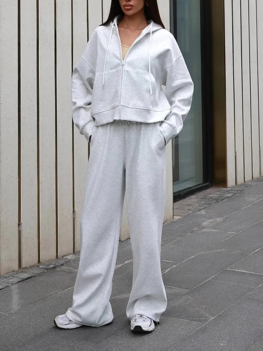 FSMG Casual Hooded Zippers Sweatshirts Pants Set Long Sleeved Cardigan Lace-up Sportswear Two Pieces Set Female Tracksuit Suit