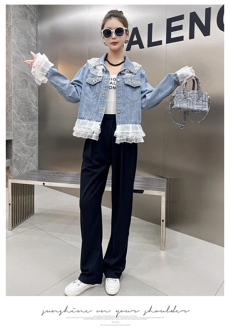 2025 Spring Autumn Women's Nail Bead Short Denim Jacket Female New Korean Version Design Sense Fashionable Lace Edge Jacket Top