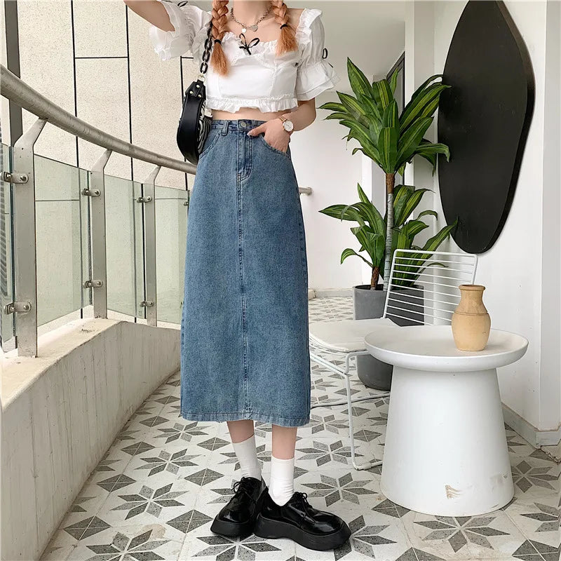 New 2022 Spring-Autumn Medium-Length Denim Skirt For Women High-Waisted Slimming Plus Size Curvy Girls A- Line Hip Covering Skir