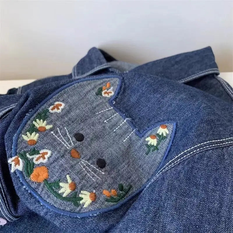 Korean retro dark blue denim long-sleeved shirt women's spring and autumn new fashion plus size loose coat embroidered shirt top